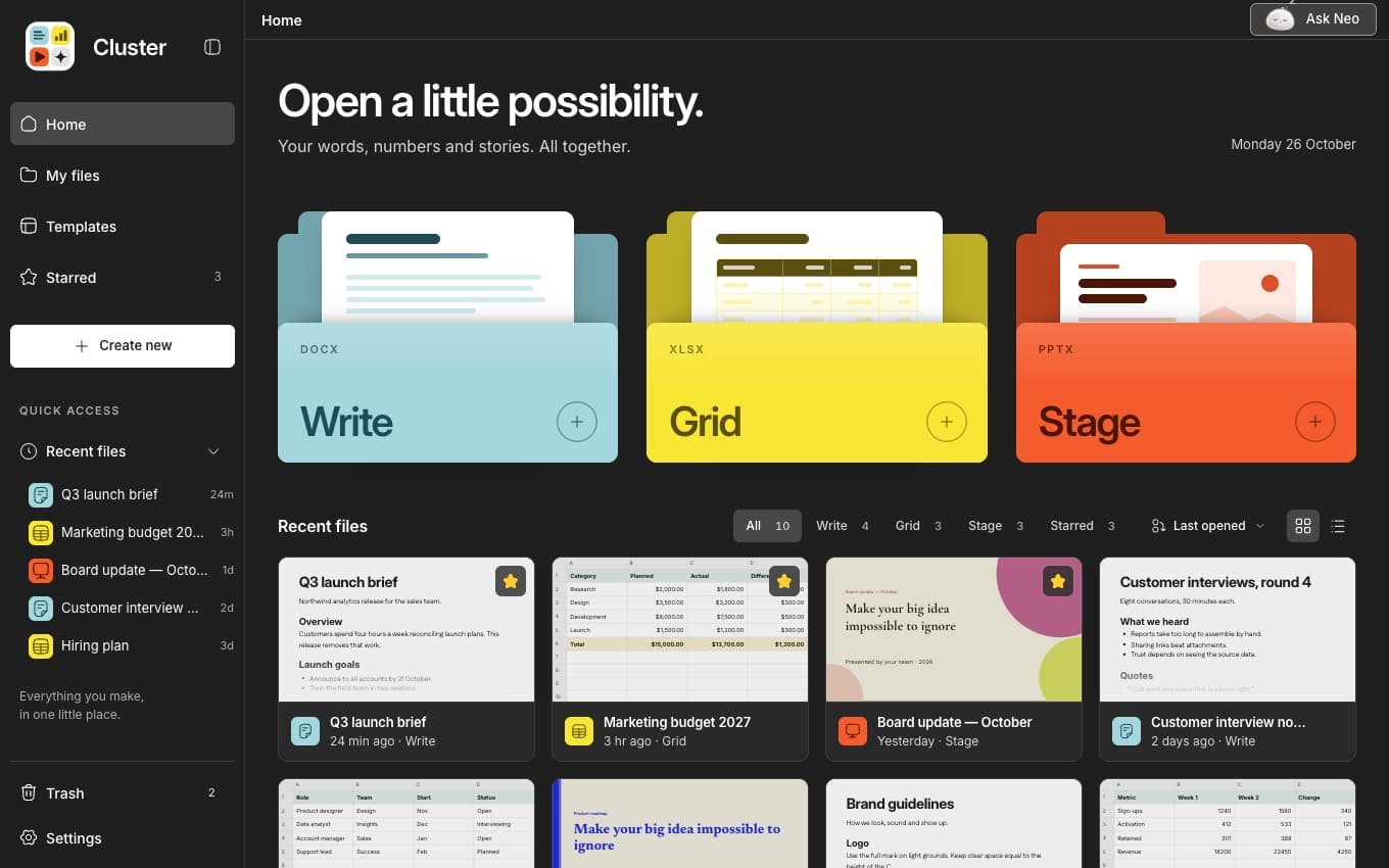 The Cluster home screen, with Write, Grid and Stage folders and recent files