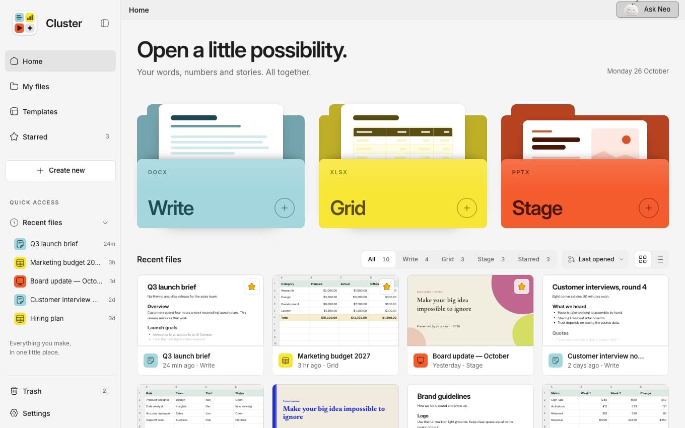 The Cluster home screen, with Write, Grid and Stage folders and recent files